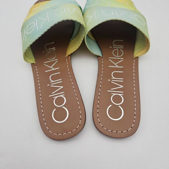 Calvin Klein Bainy Green Yellow LOGO Fabric Slides Flats Womens Sz 7 NEW - Picture 5 of 6